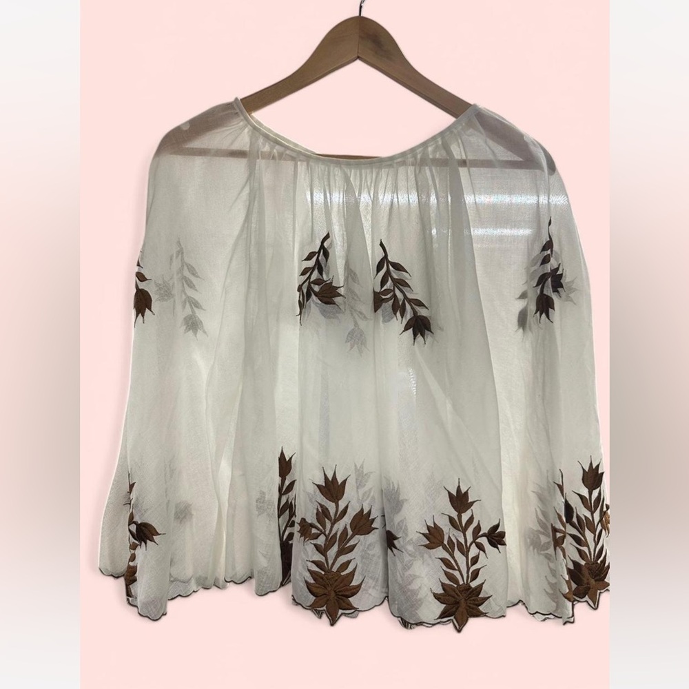 Boho hippie vintage flowy wide sleeve embroidered white and brown blouse size M